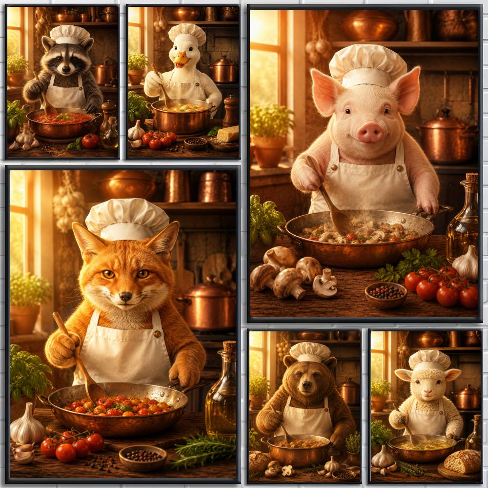 Home Cooking Definition - Забавный постер с изображением животных-поваров, готовящих